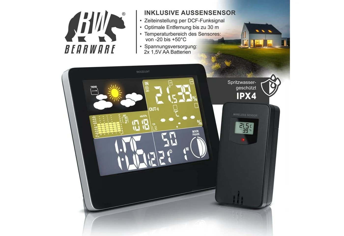 BEARWARE Funkwetterstation mit LCD Farbdisplay, Außensensor & Wettervorhersage - Bild 3