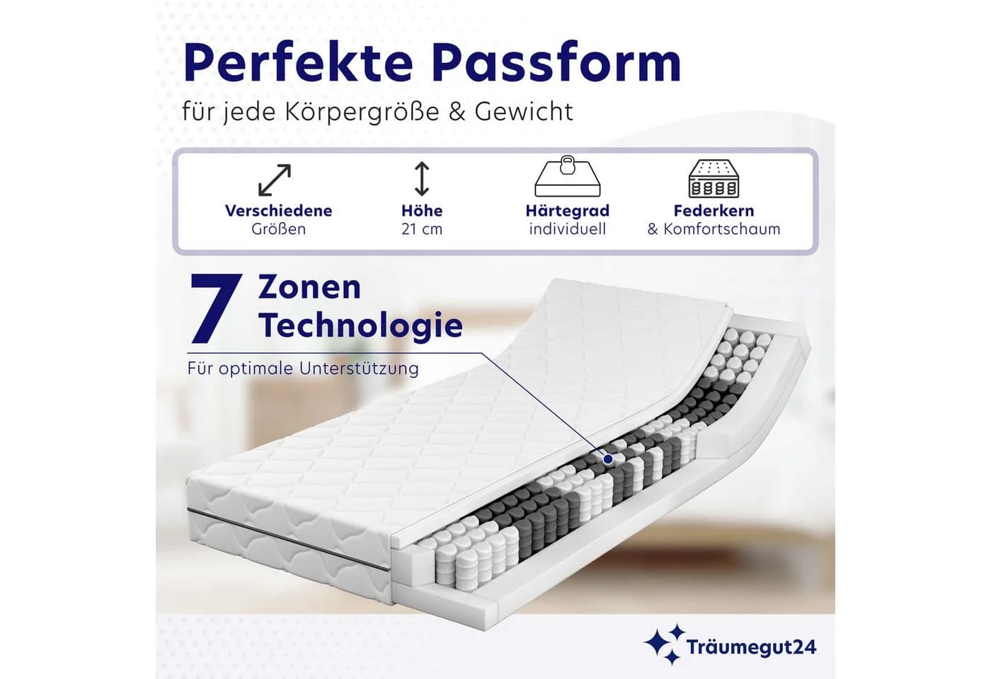 Träumegut24 Taschenfederkernmatratze 7-Zonen System 21 cm hoch