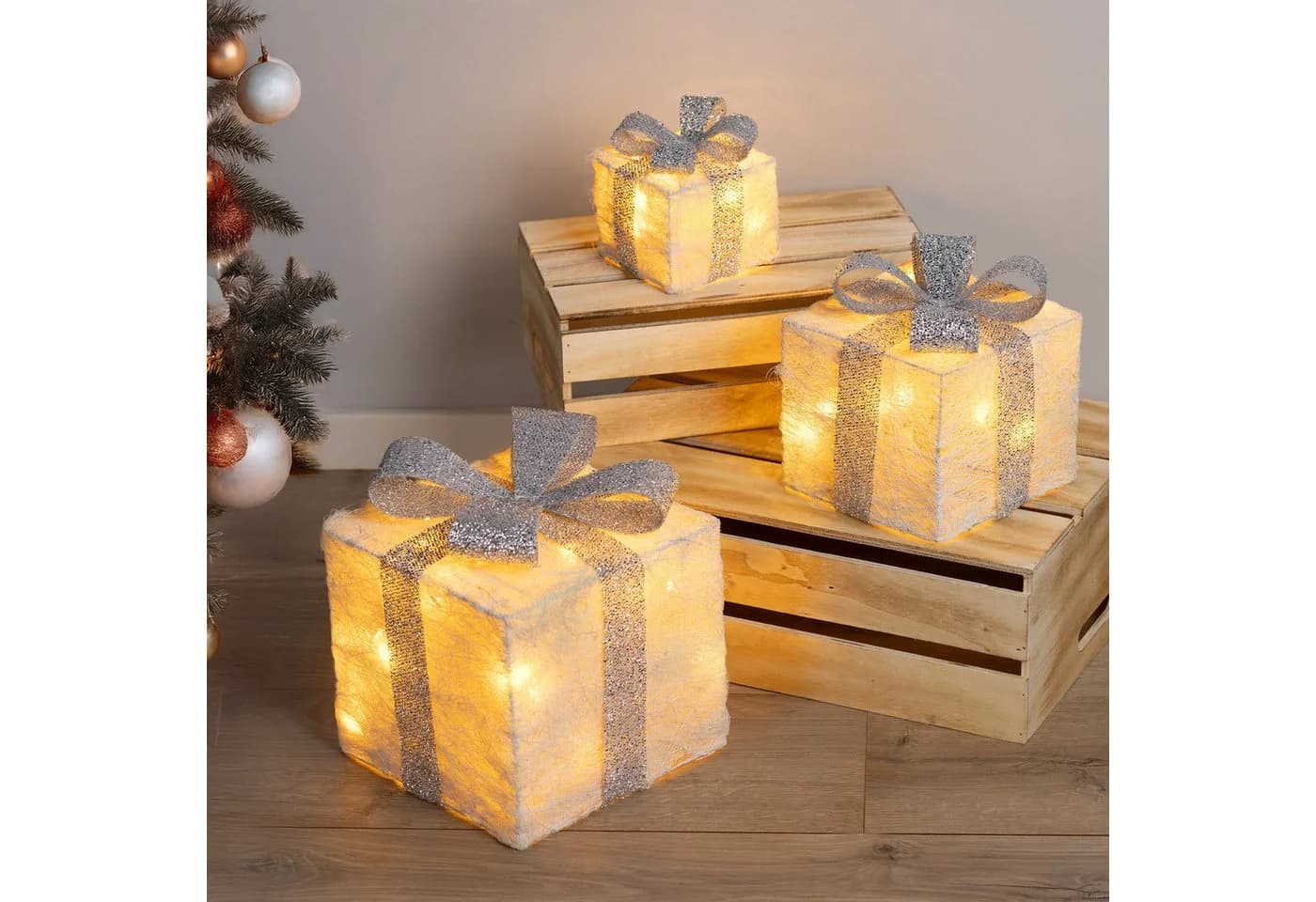 Bambelaa! LED Geschenkboxen 3er Set Timer Weiß/Silber