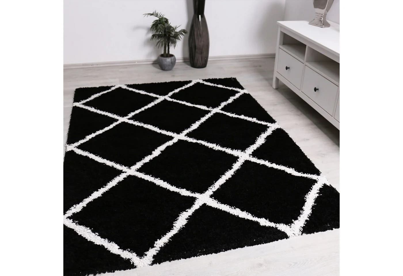 Vimoda Hochflor-Läufer Shaggy Wohnzimmer Rautenmuster Weiss - Bild 2