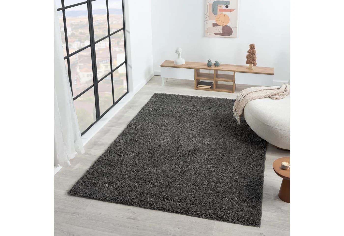 Vimoda Shaggy Teppich Anthrazit Rund Hochflor Modern