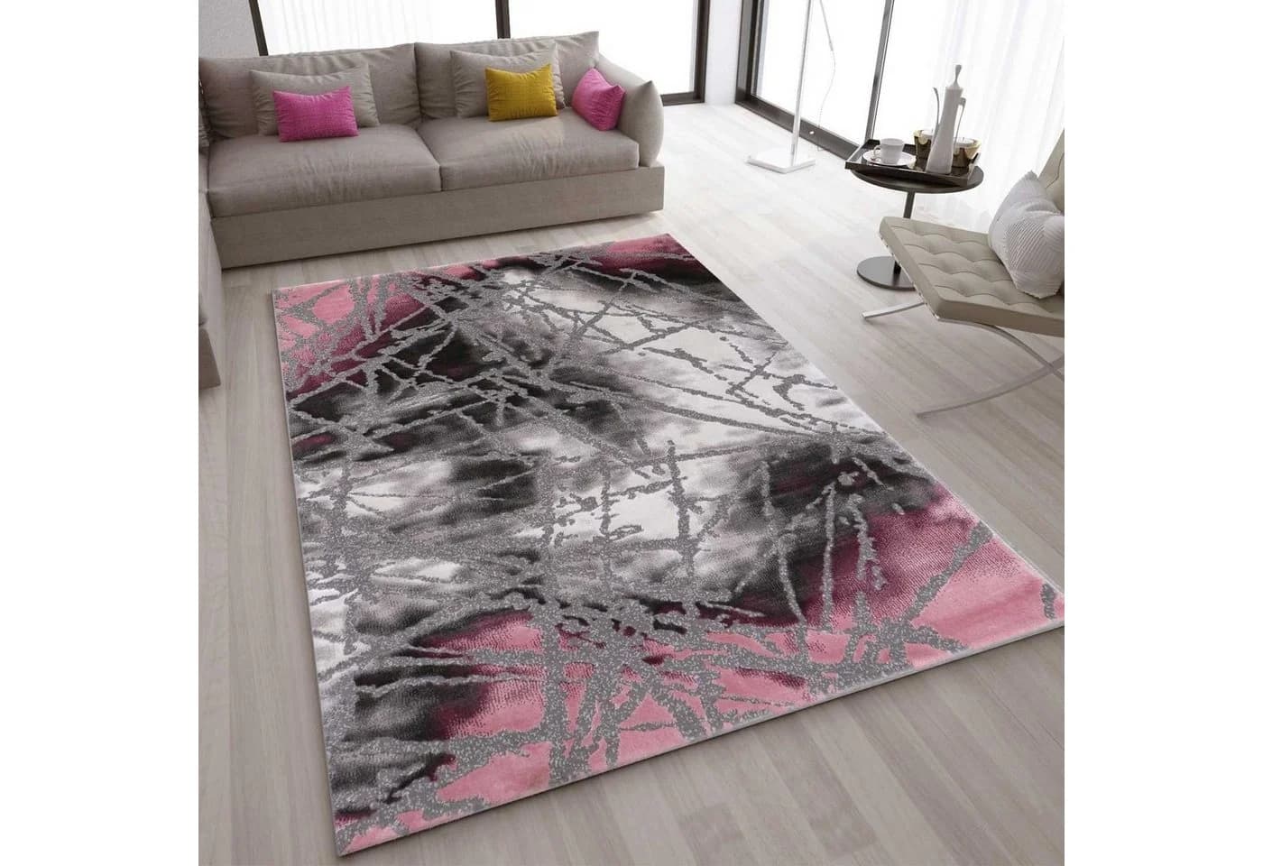 Vimoda Teppich Wohnzimmer Pink Grau Modern Kurzflor