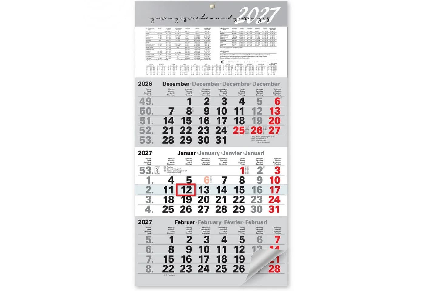 Kamber Office Wandkalender 2027 3-Monats-Layout Grau mit Datumsschieber - Bild 2