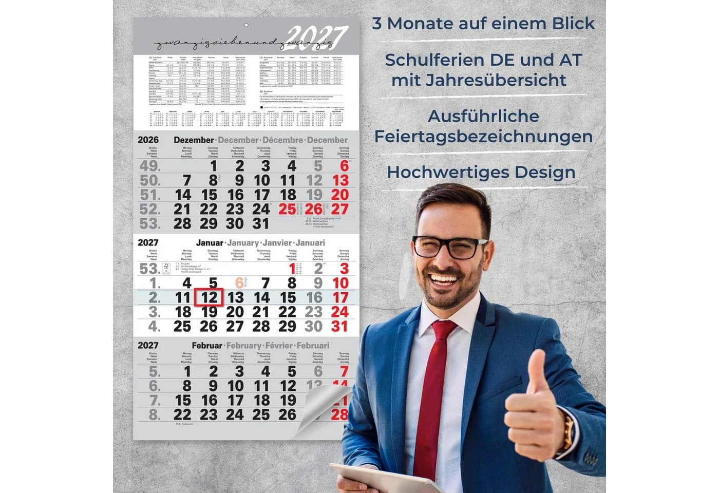 Kamber Office Wandkalender 2027 3-Monats-Layout Grau mit Datumsschieber - Bild 3