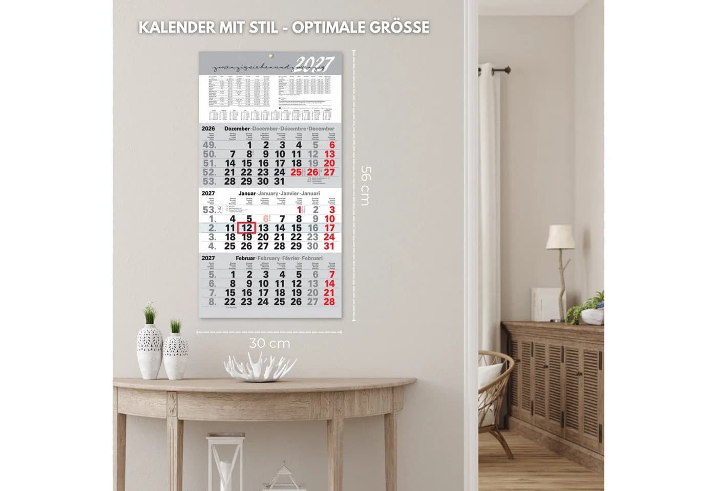 Kamber Office Wandkalender 2027 3-Monats-Layout Grau mit Datumsschieber - Bild 5