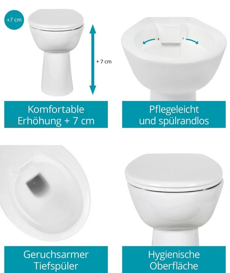 Calmwaters Tiefspül-WC Stand-WC spülrandlos mit Erhöhung, bodenstehend, Abgang Waagerecht, Set mit WC-Sitz, Weiß, +7 cm erhöht, Absenkautomatik, Abnehmbar, 07AB3134