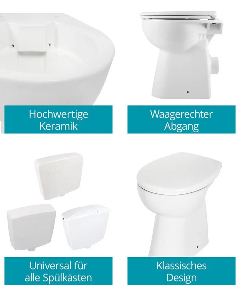 Calmwaters Tiefspül-WC Stand-WC spülrandlos mit Erhöhung, bodenstehend, Abgang Waagerecht, Set mit WC-Sitz, Weiß, +7 cm erhöht, Absenkautomatik, Abnehmbar, 07AB3134 - Bild 3