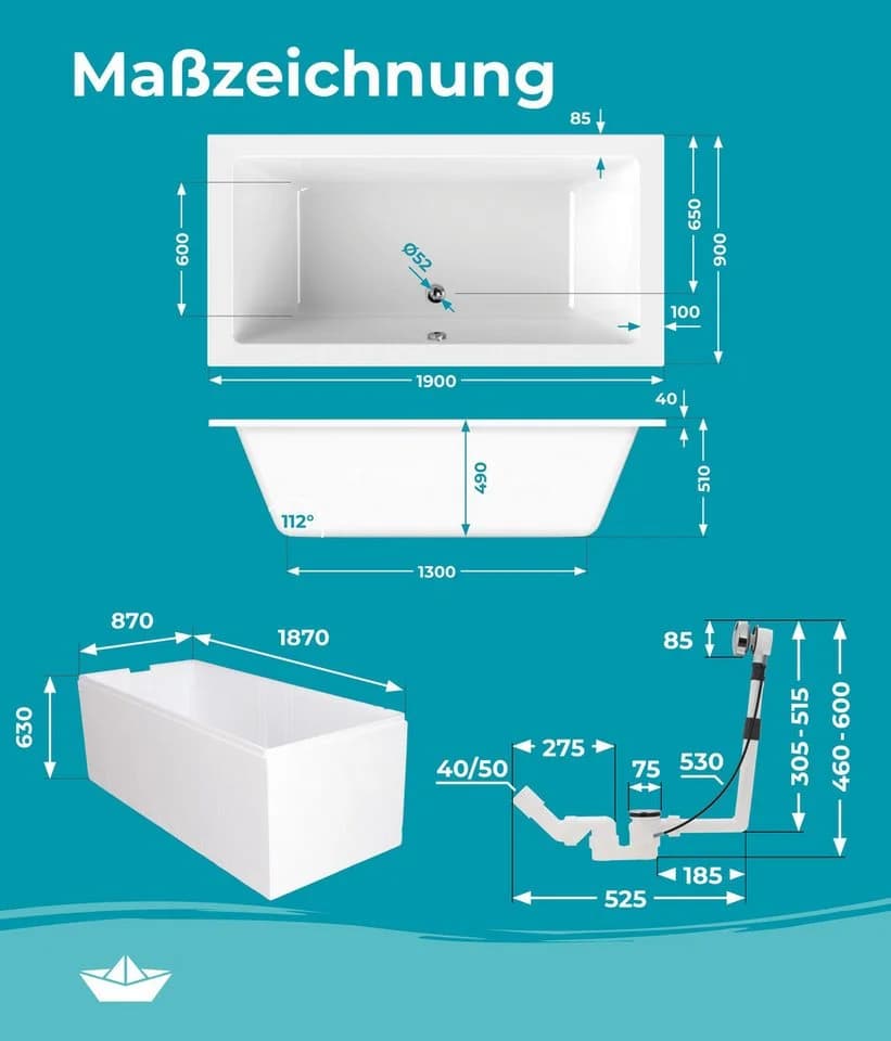 Calmwaters Badewanne Modern Square 2, Acryl, 190 x 90 cm - Bild 5