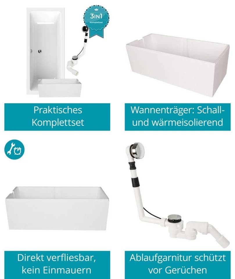 Calmwaters Badewanne Modern Select Duowanne Acryl Weiß Komplettset - Bild 4