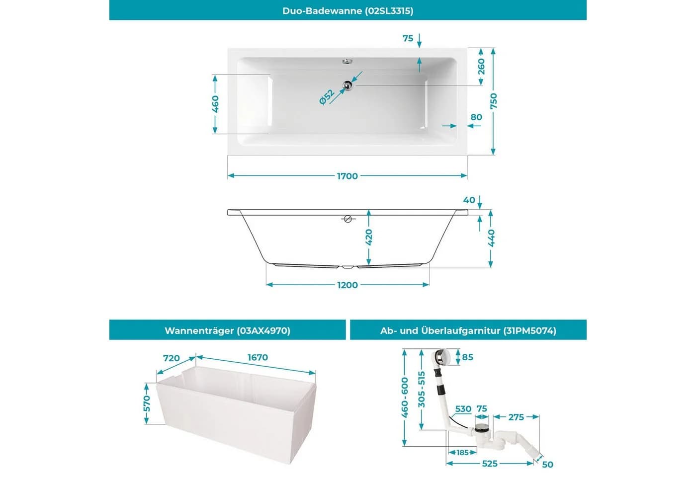 Calmwaters Badewanne Modern Select Duowanne Acryl Weiß Komplettset - Bild 5