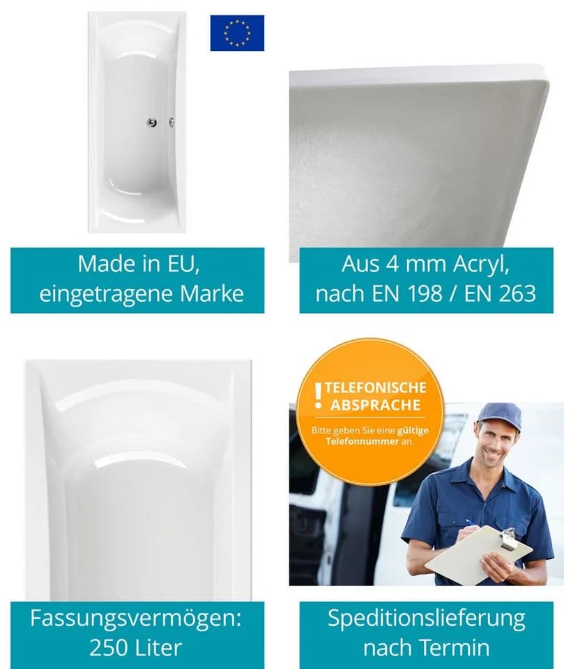 Calmwaters Badewanne Modern Curved Duowanne Acryl Weiß - Bild 3