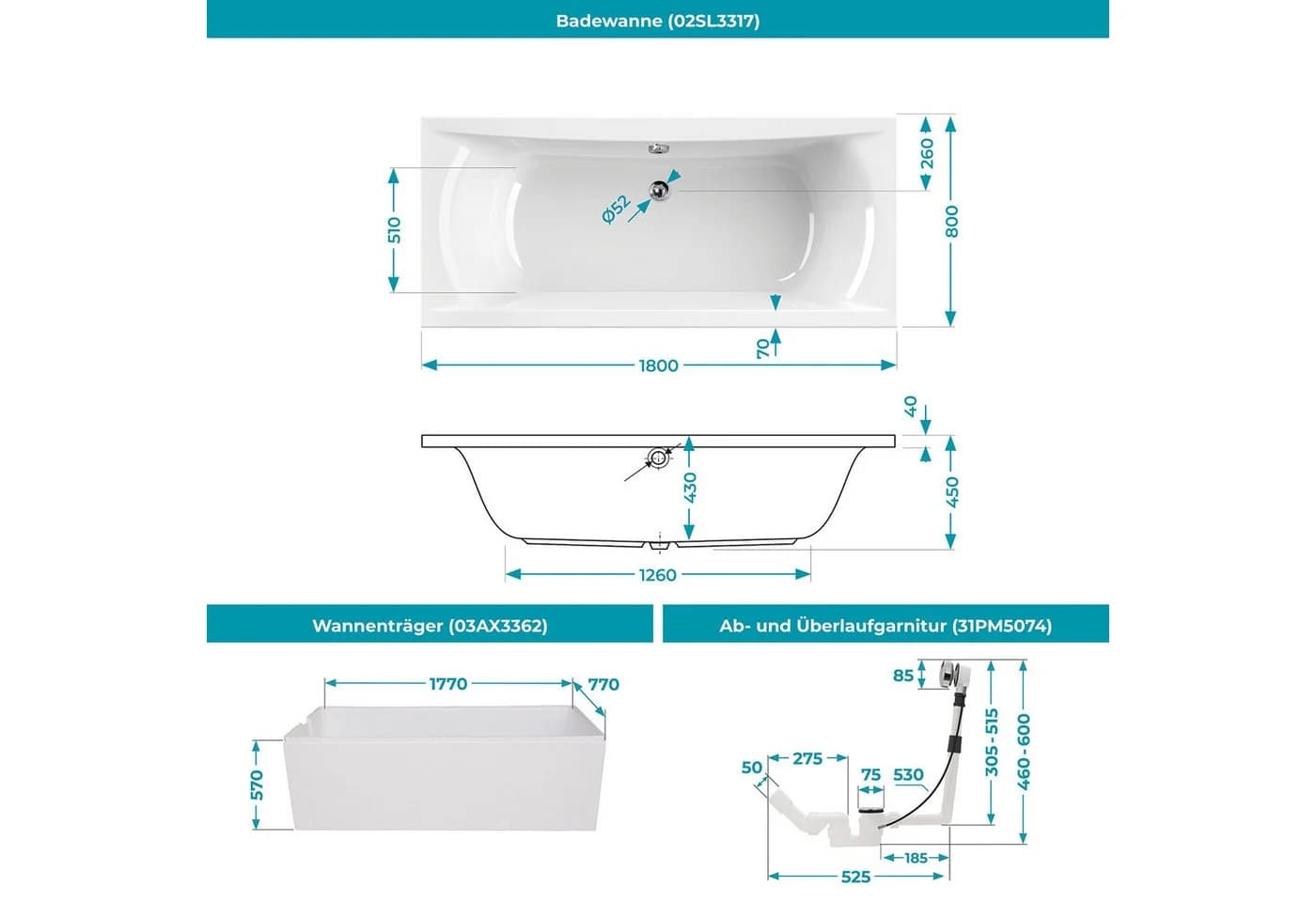 Calmwaters Badewanne Modern Curved Duowanne Acryl Weiß - Bild 5