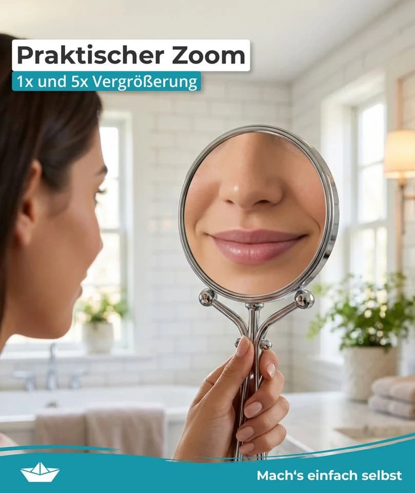 Calmwaters Kosmetikspiegel Handspiegel Chrom 5/1-fach Vergrößerung Rund - Bild 3