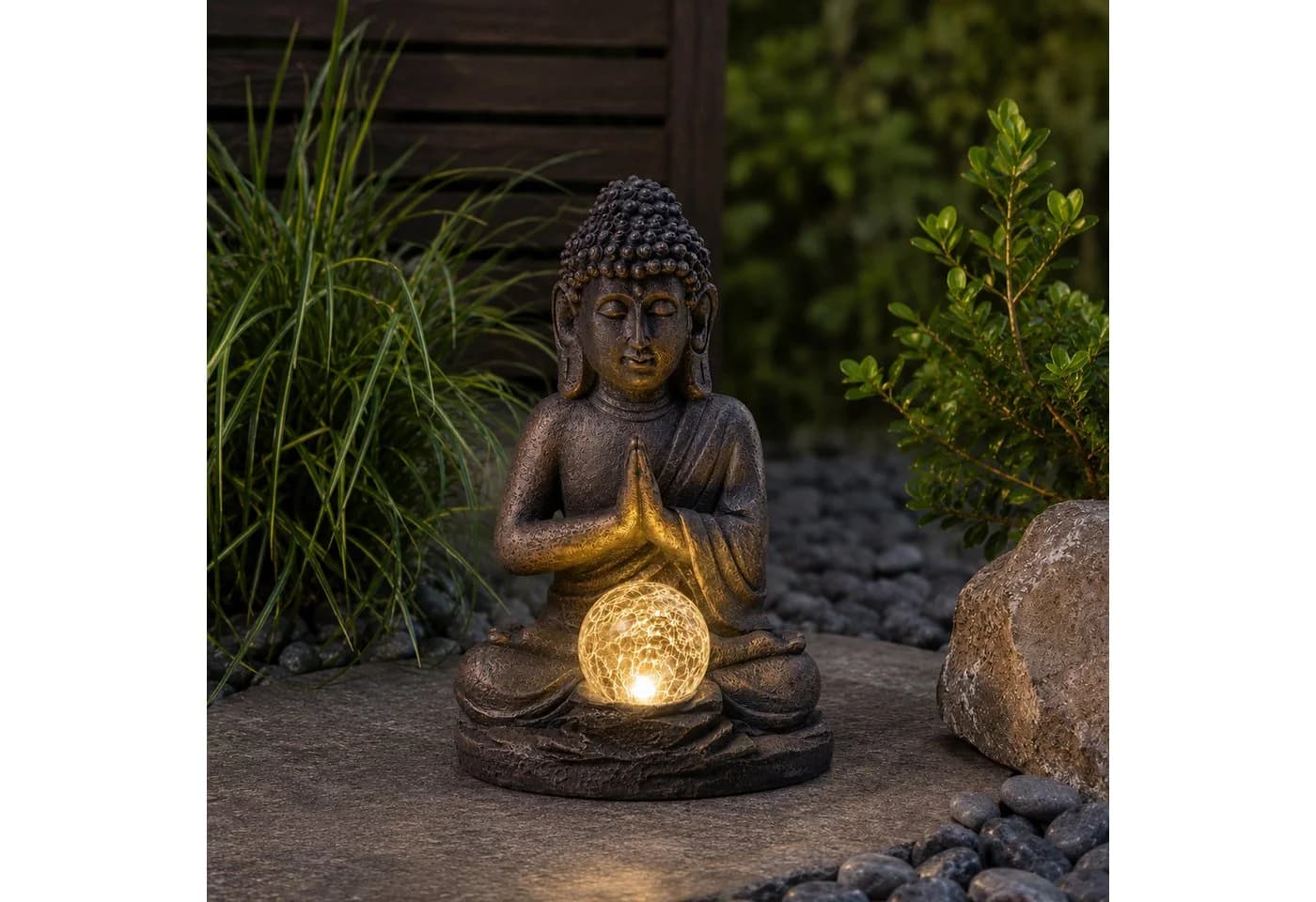 MARELIDA LED Solar Buddha Gartenfigur mit Glaskugel Grau - Bild 3