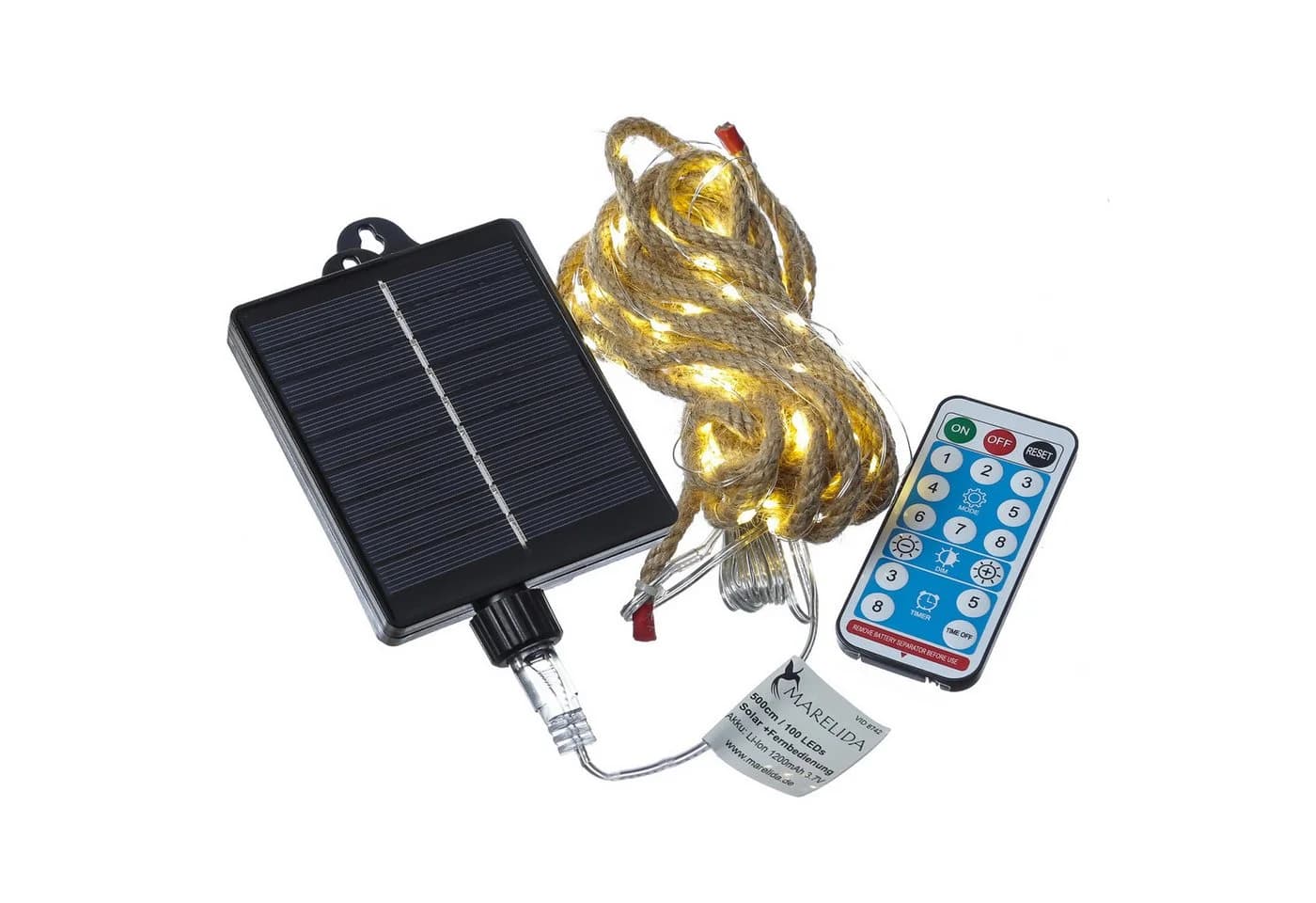 MARELIDA LED-Lichterkette Solar Juteseil 200 LEDs Warmweiß