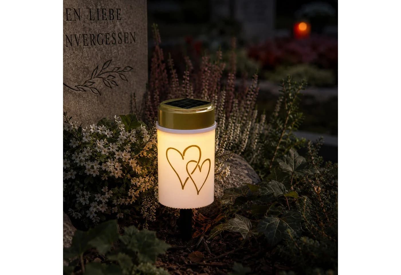 MARELIDA LED Solar Grabkerze Herz Weiß/Gold mit Lichtsensor - Bild 2