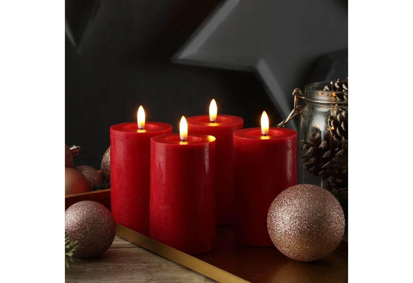 Adilina LED-Kerzenset LINA Rot Rustik 4er Set Timer - Bild 4