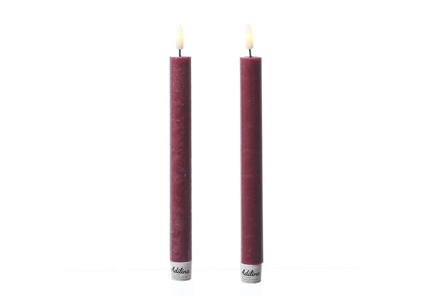 Adilina LED-Stabkerzen 24cm Bordeauxrot Echtwachs Rustikal 2er Set