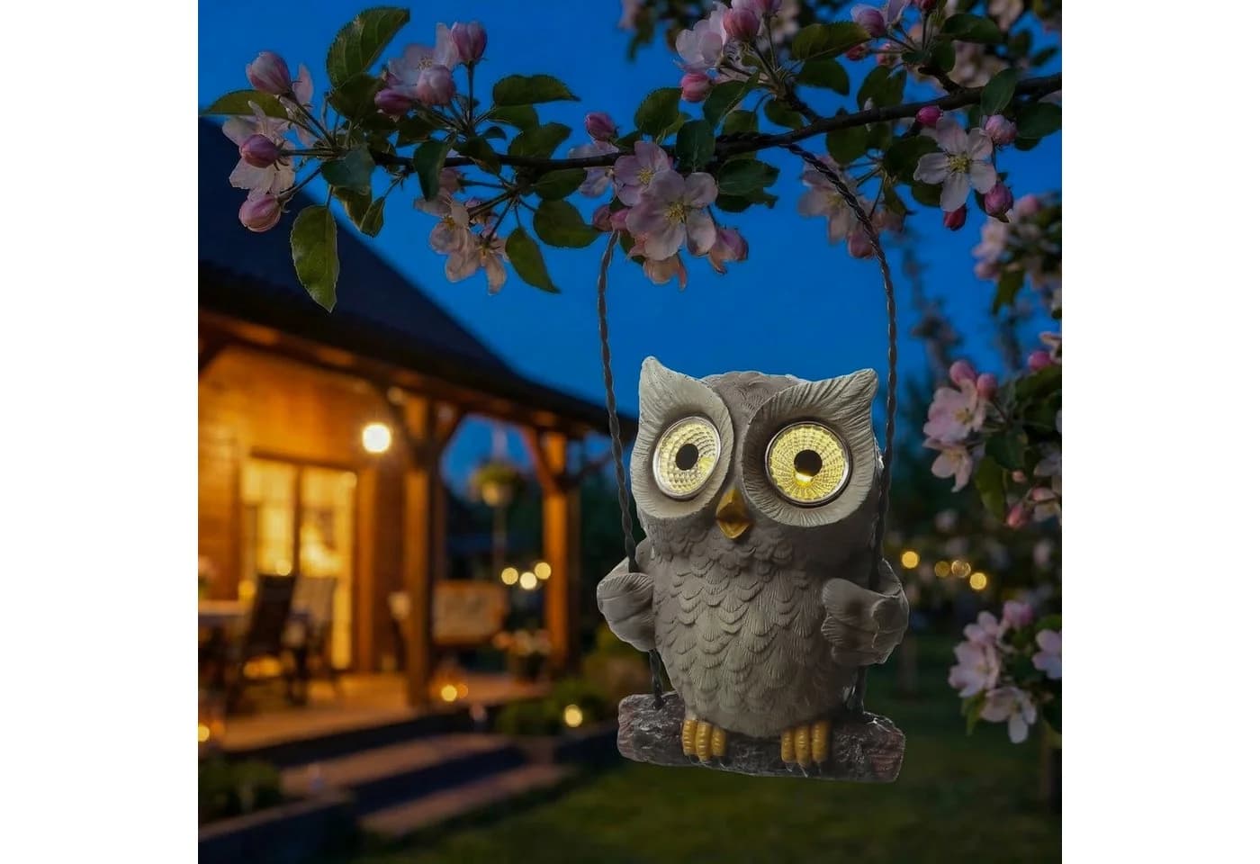 MARELIDA LED Solar Eule auf Schaukel Grau Gartenfigur