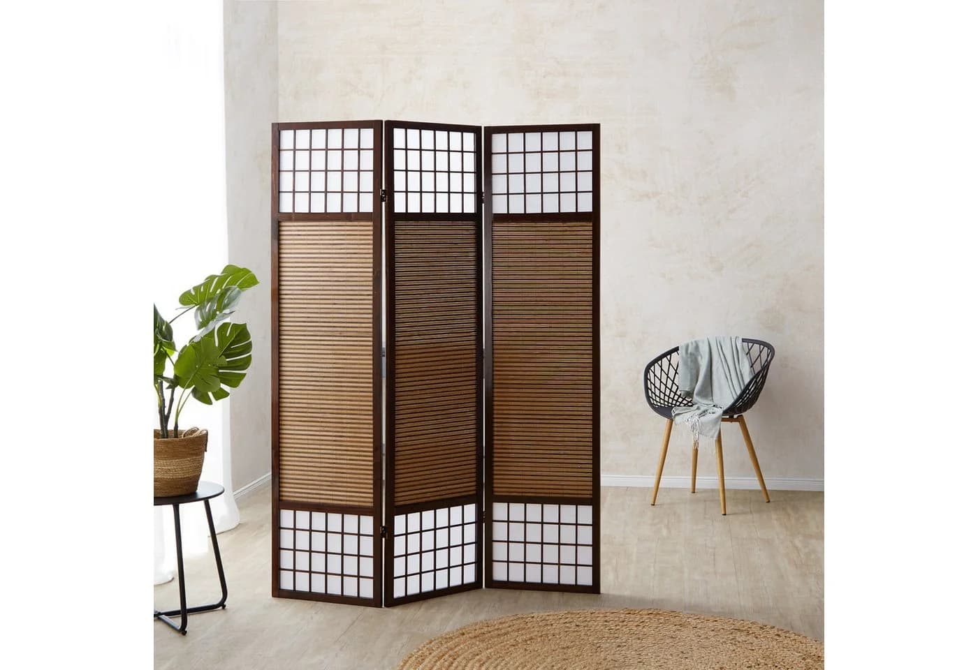 Homestyle4u Paravent Raumteiler Braun Holz mit Bambus und Reispapier - Bild 2