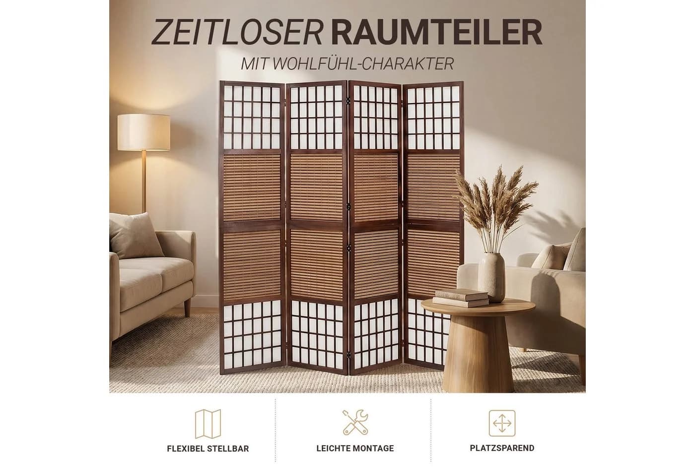 Homestyle4u Paravent Raumteiler Holz Braun mit Bambus - Bild 4