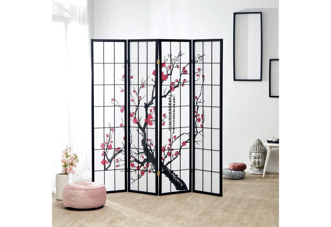 Homestyle4u Paravent Raumteiler Shoji Kirschblüten Schwarz/Weiss 4-teilig - Bild 2