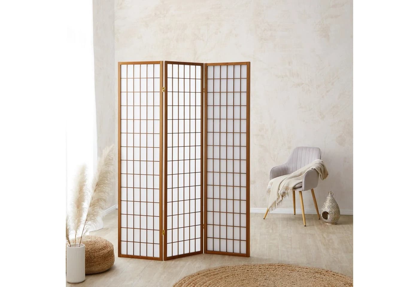 Homestyle4u Paravent Raumteiler 3-teilig Braun Weiß Shoji Holz - Bild 2