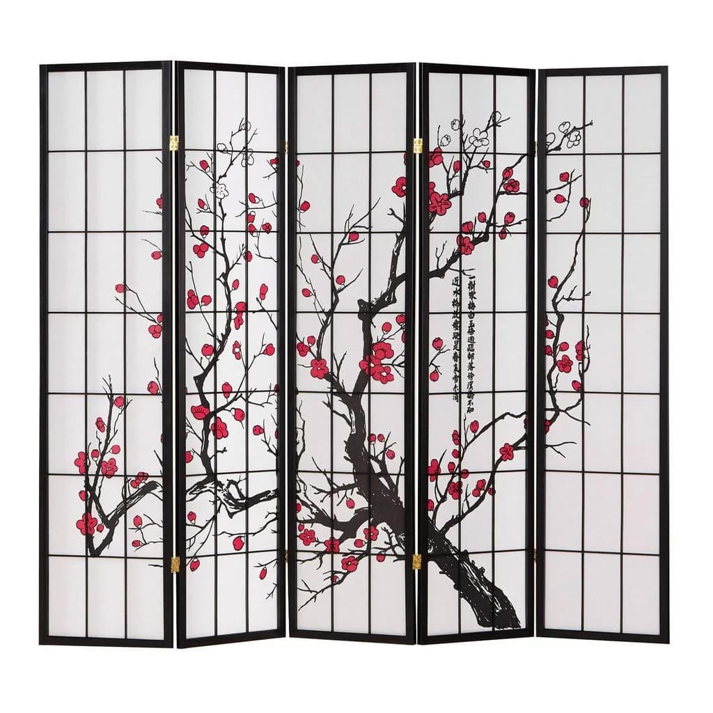 Homestyle4u Paravent 5-teilig Schwarz Kirschblüten Shoji