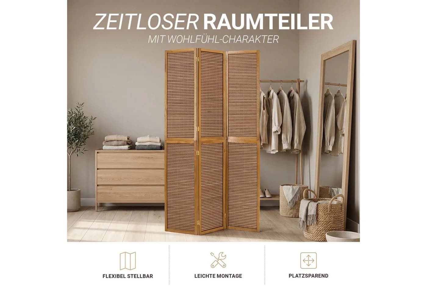 Homestyle4u Paravent Raumteiler 2m Höhe Bambus Holz 3-teilig Faltbar - Bild 3