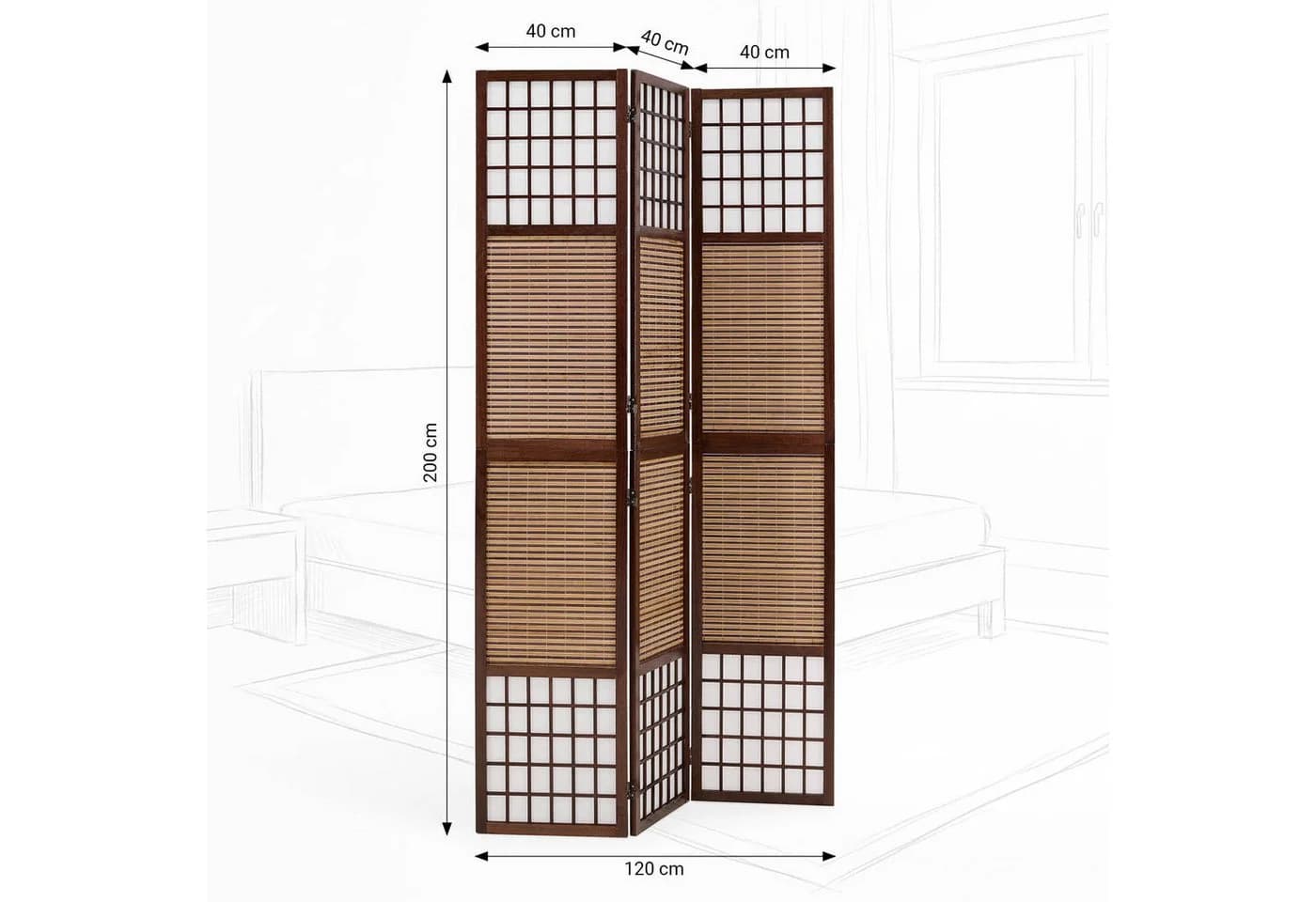 Homestyle4u Paravent Raumteiler 3-teilig Braun Weiß Holz Bambus
