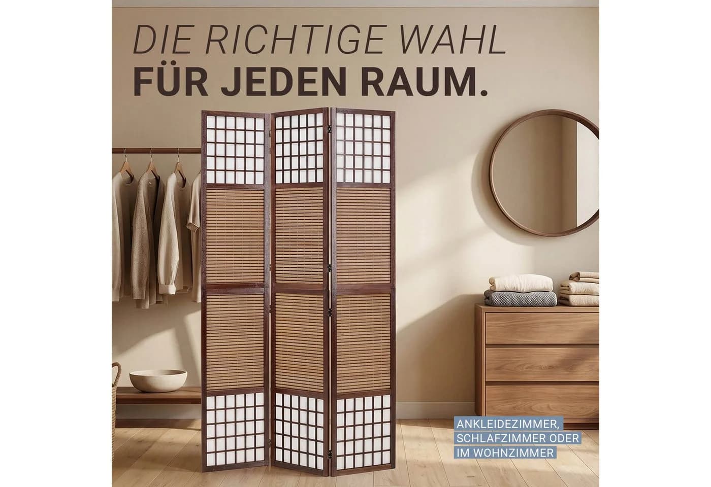 Homestyle4u Paravent Raumteiler 3-teilig Braun Weiß Holz Bambus - Bild 3