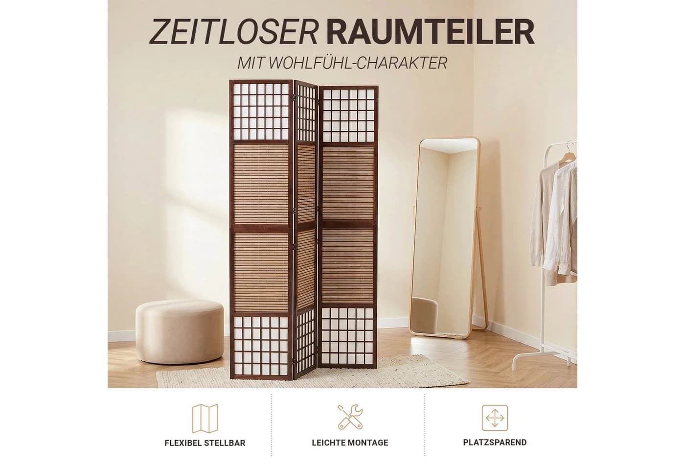 Homestyle4u Paravent Raumteiler 3-teilig Braun Weiß Holz Bambus - Bild 4