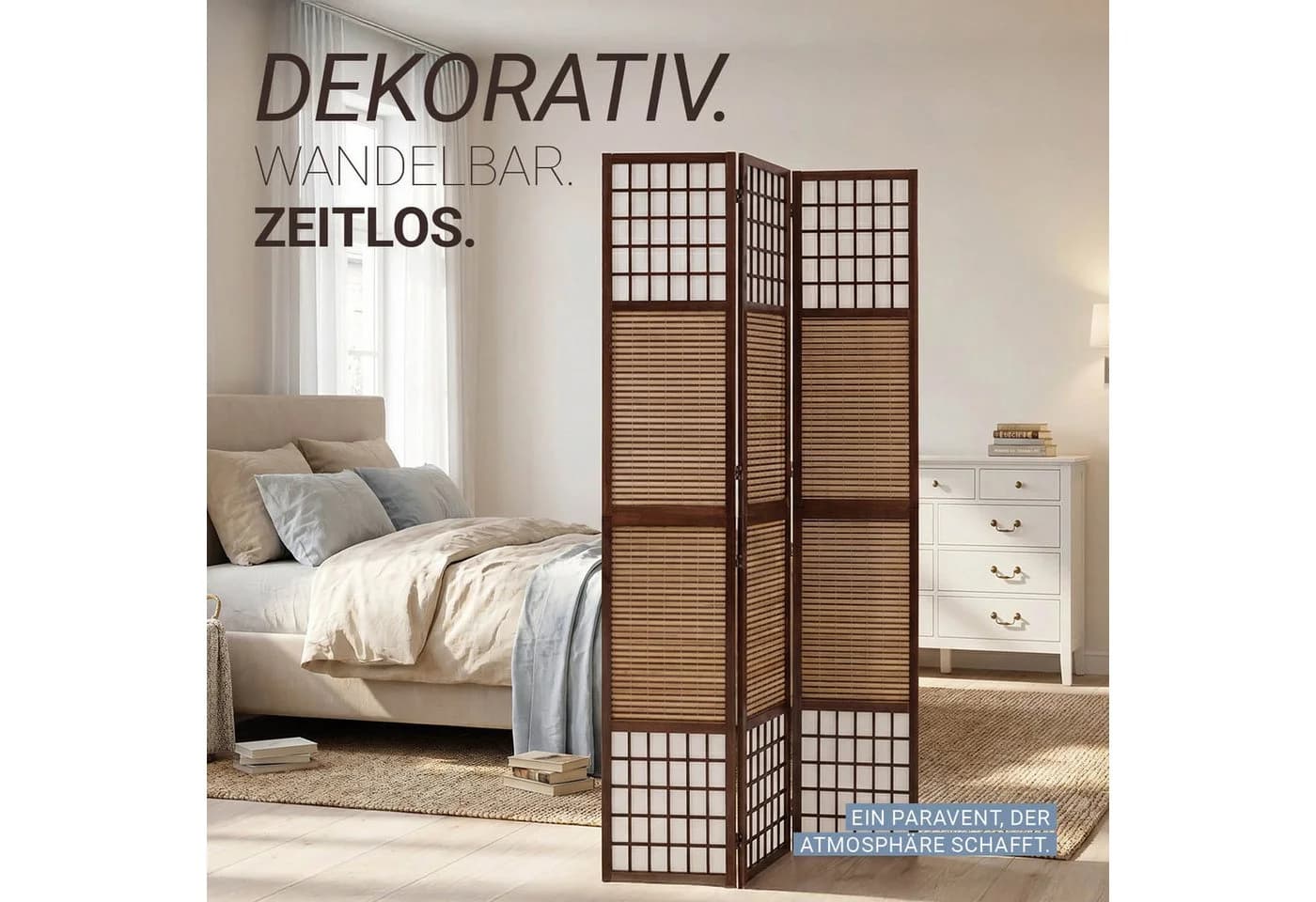 Homestyle4u Paravent Raumteiler 3-teilig Braun Weiß Holz Bambus - Bild 5