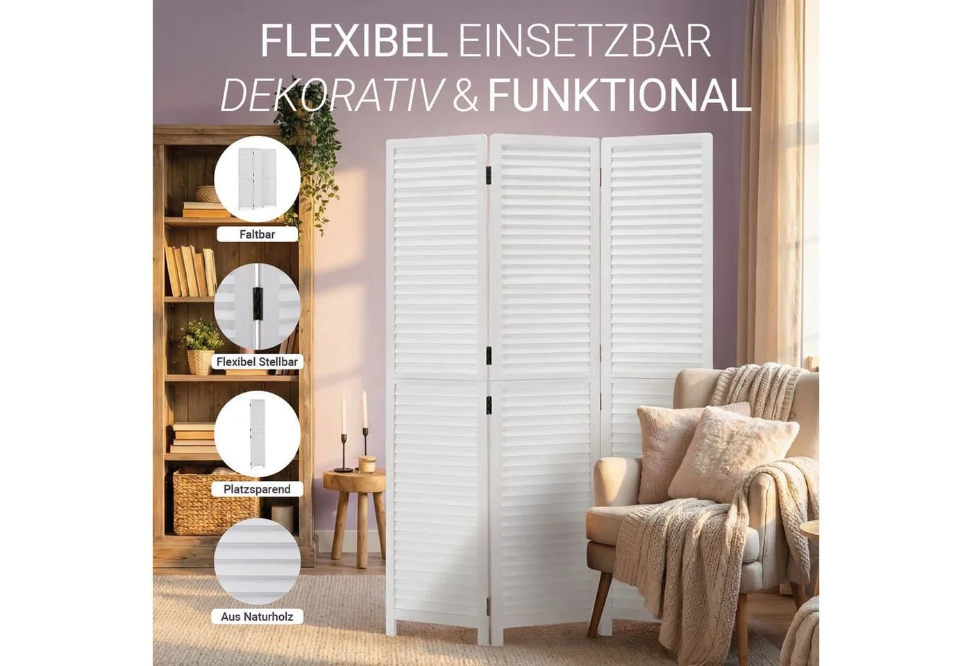 Homestyle4u Paravent Raumteiler Holz Weiß 3-teilig Faltbar - Bild 4