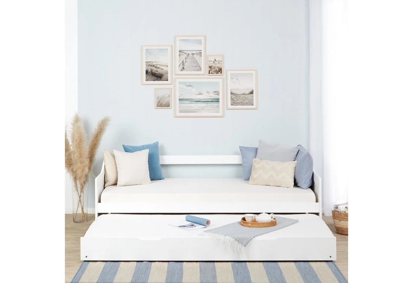 Homestyle4u Ausziehbett 90x200 Weiß Holz mit 2 Lattenrosten