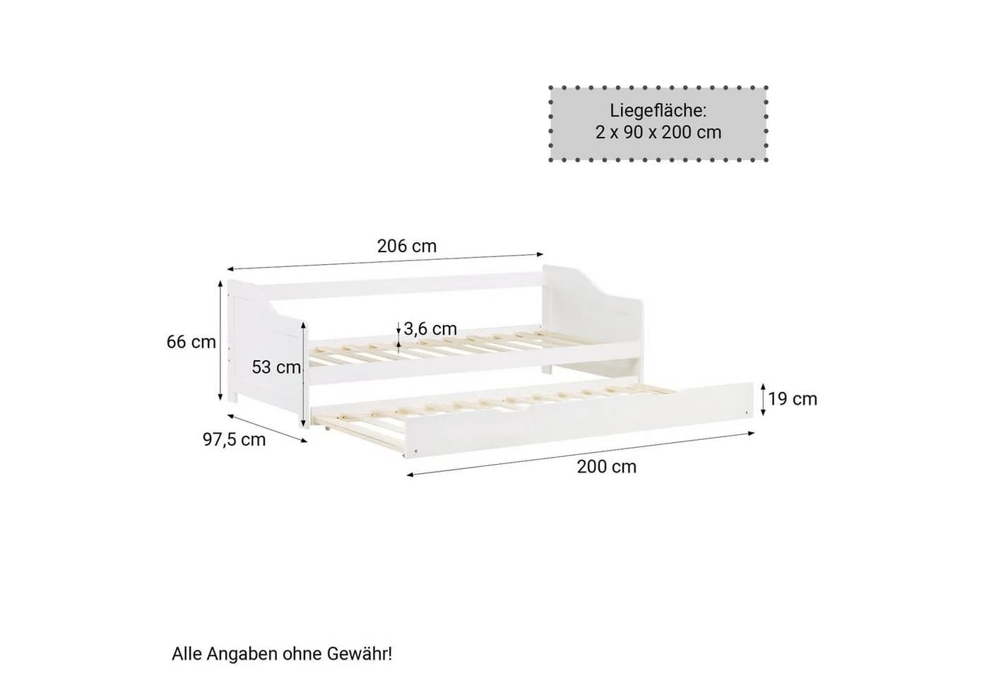 Homestyle4u Ausziehbett 90x200 Weiß Holz mit 2 Lattenrosten - Bild 4