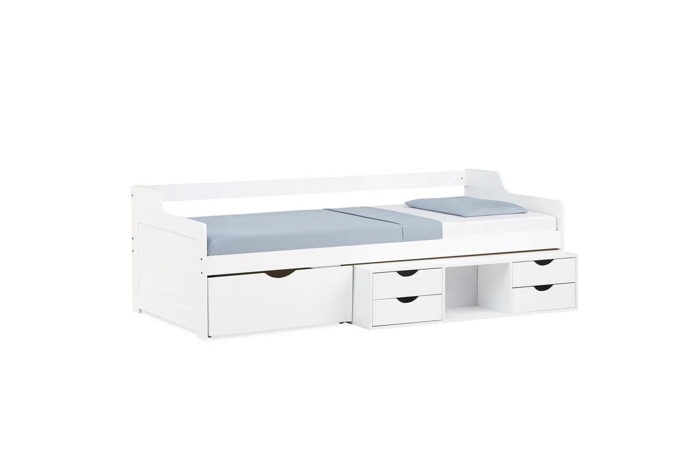 Homestyle4u Stauraumbett 90x200 Weiß Massivholz mit Schubladen - Bild 3