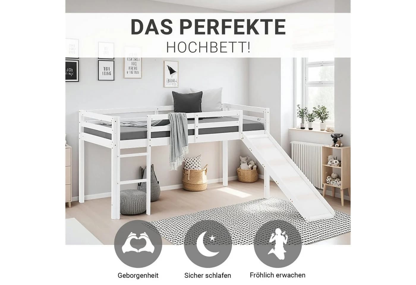 Homestyle4u Hochbett 90x200 Kinderbett Rausfallschutz Weiß Kiefer