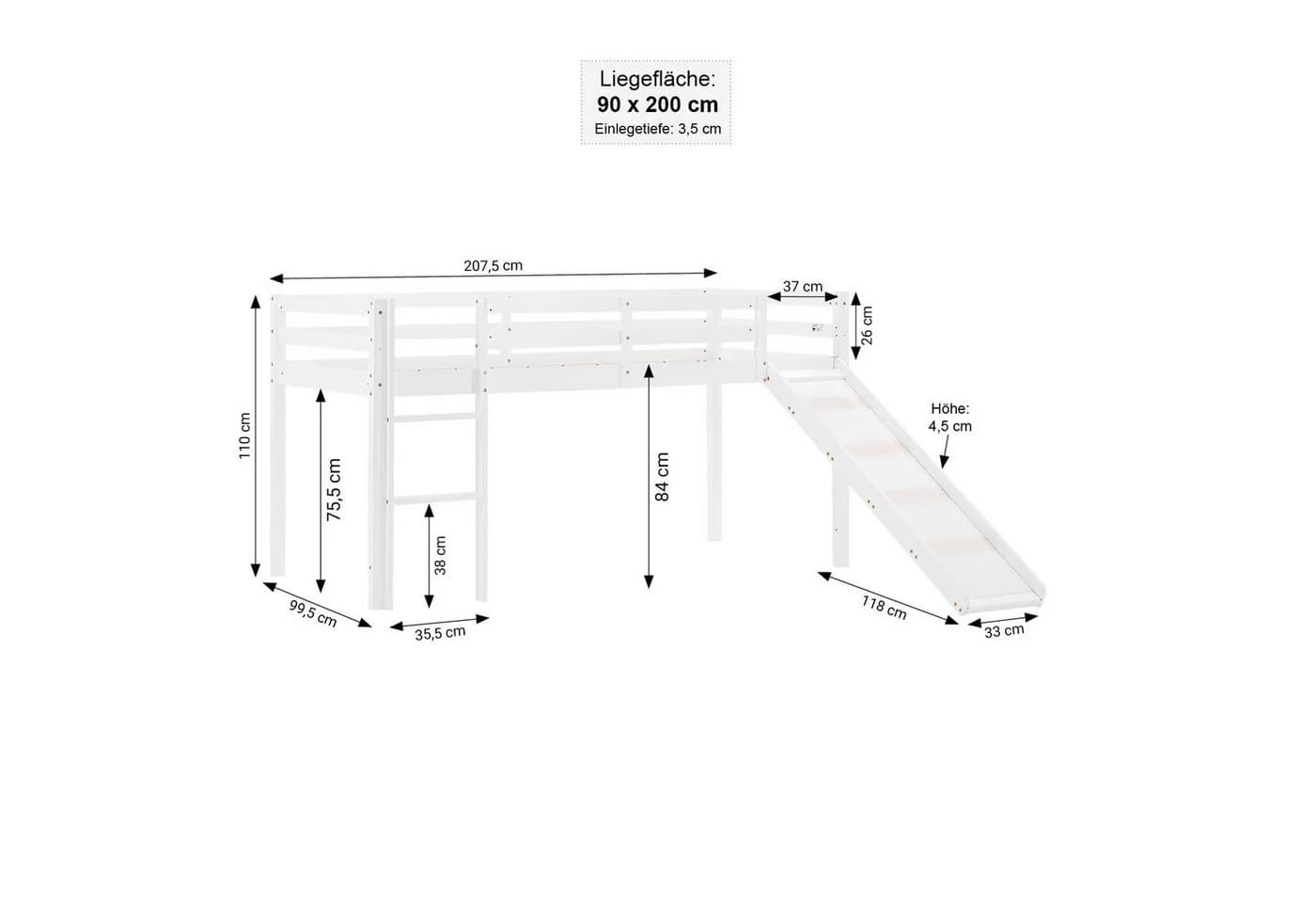 Homestyle4u Hochbett 90x200 Kinderbett Rausfallschutz Weiß Kiefer - Bild 5