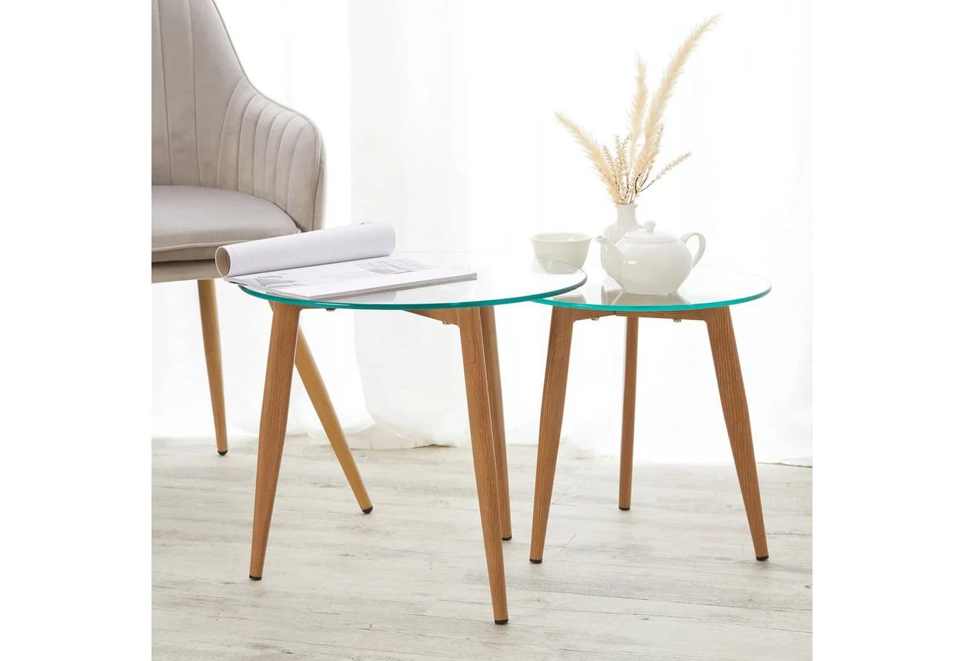 Homestyle4u Beistelltisch Set 2-tlg. Glas Rund Metallgestell Holzoptik