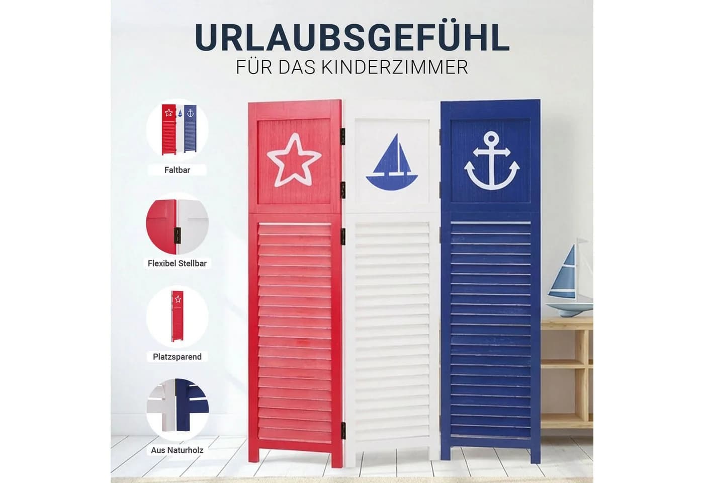 Homestyle4u Paravent Raumteiler Holz 3-teilig Meer Motiv Blau Rot Weiß faltbar - Bild 3