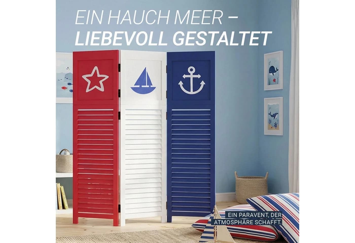 Homestyle4u Paravent Raumteiler Holz 3-teilig Meer Motiv Blau Rot Weiß faltbar - Bild 4