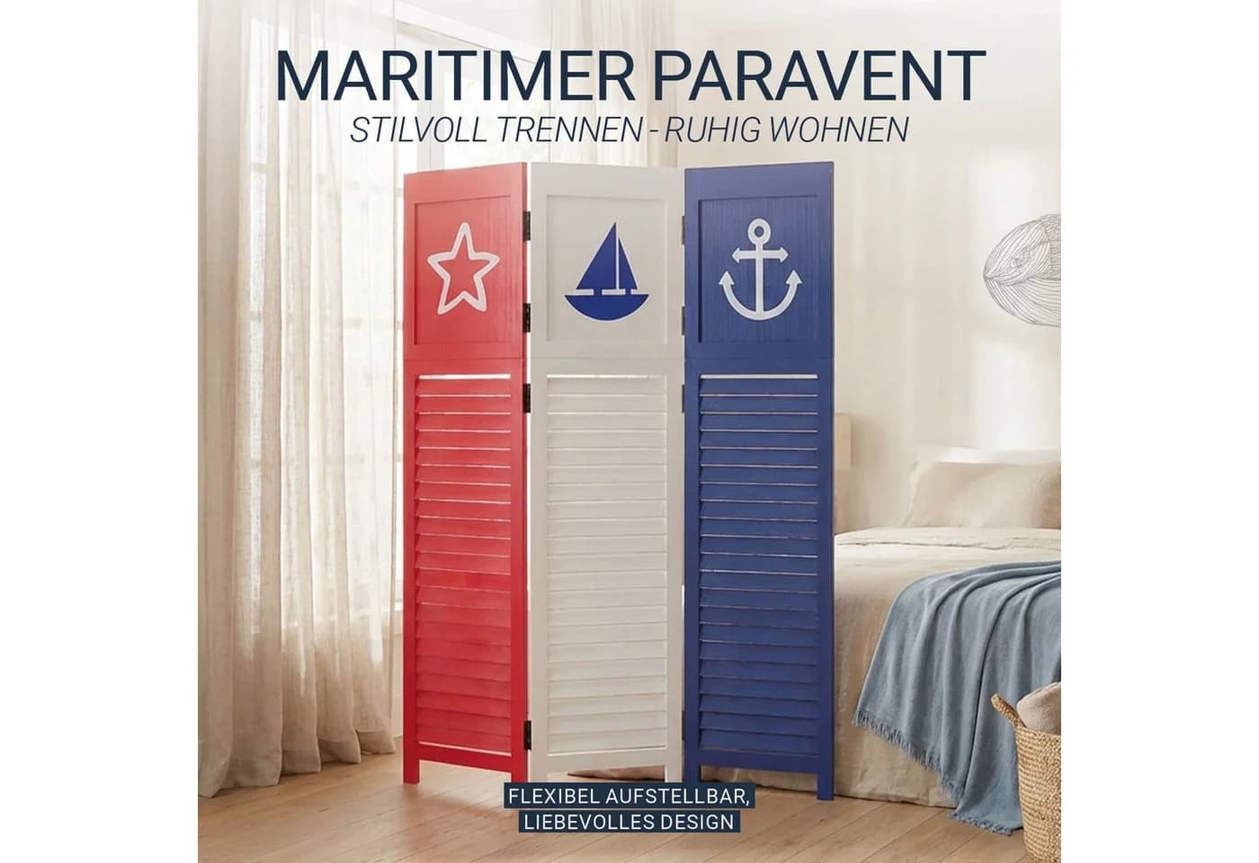 Homestyle4u Paravent Raumteiler Holz 3-teilig Meer Motiv Blau Rot Weiß faltbar - Bild 5