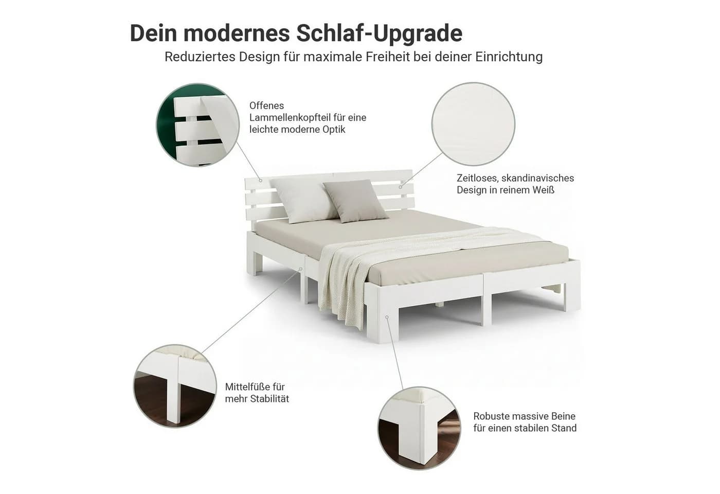 Homestyle4u Holzbett mit Kopfteil und Lattenrost Weiß Modern