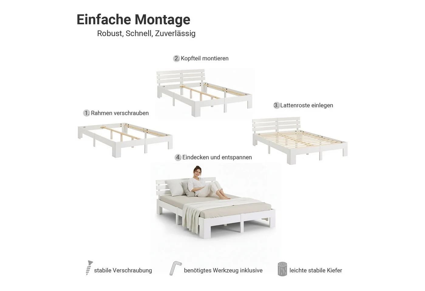 Homestyle4u Holzbett mit Kopfteil und Lattenrost Weiß Modern - Bild 3