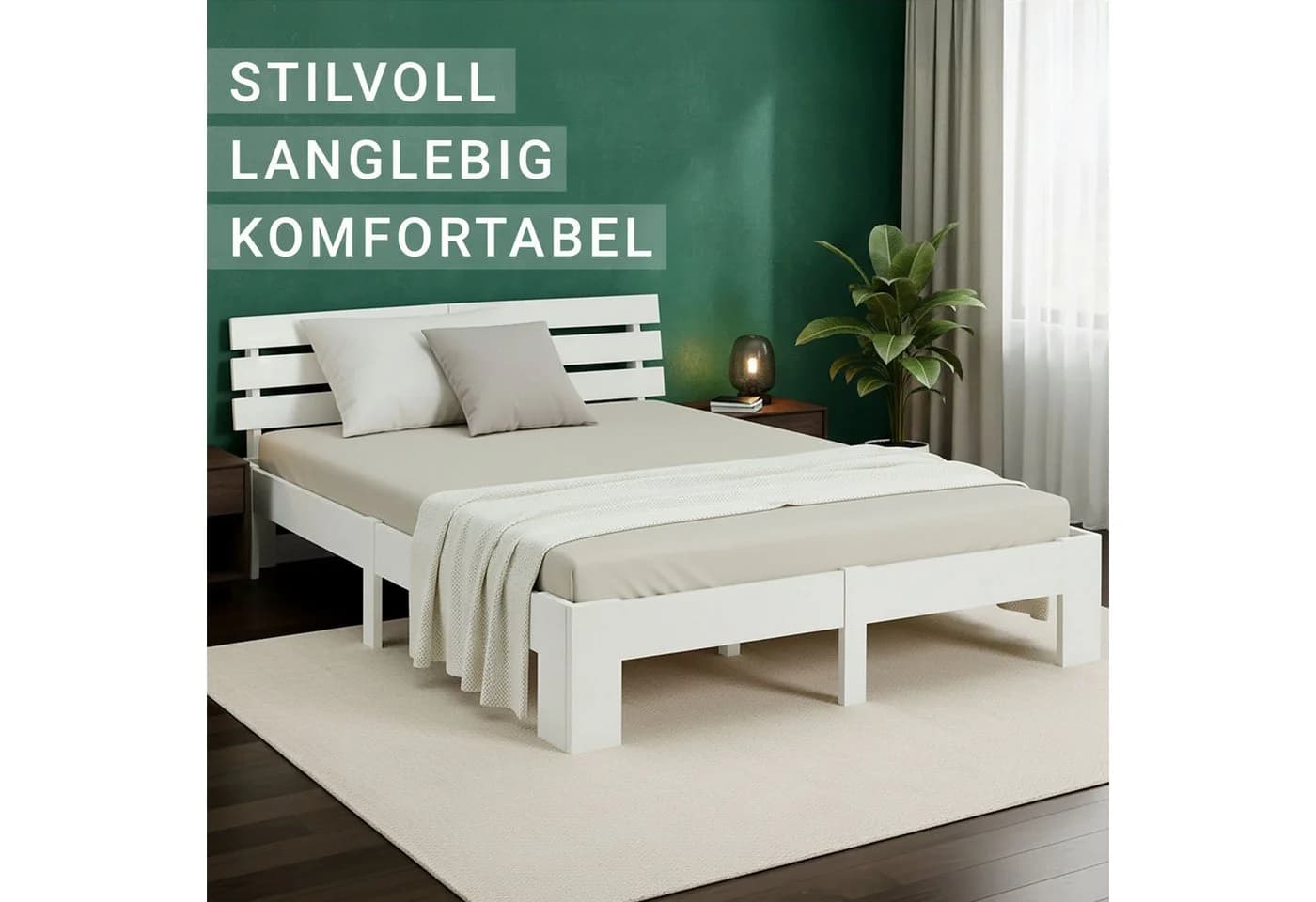 Homestyle4u Holzbett mit Kopfteil und Lattenrost Weiß Modern - Bild 4