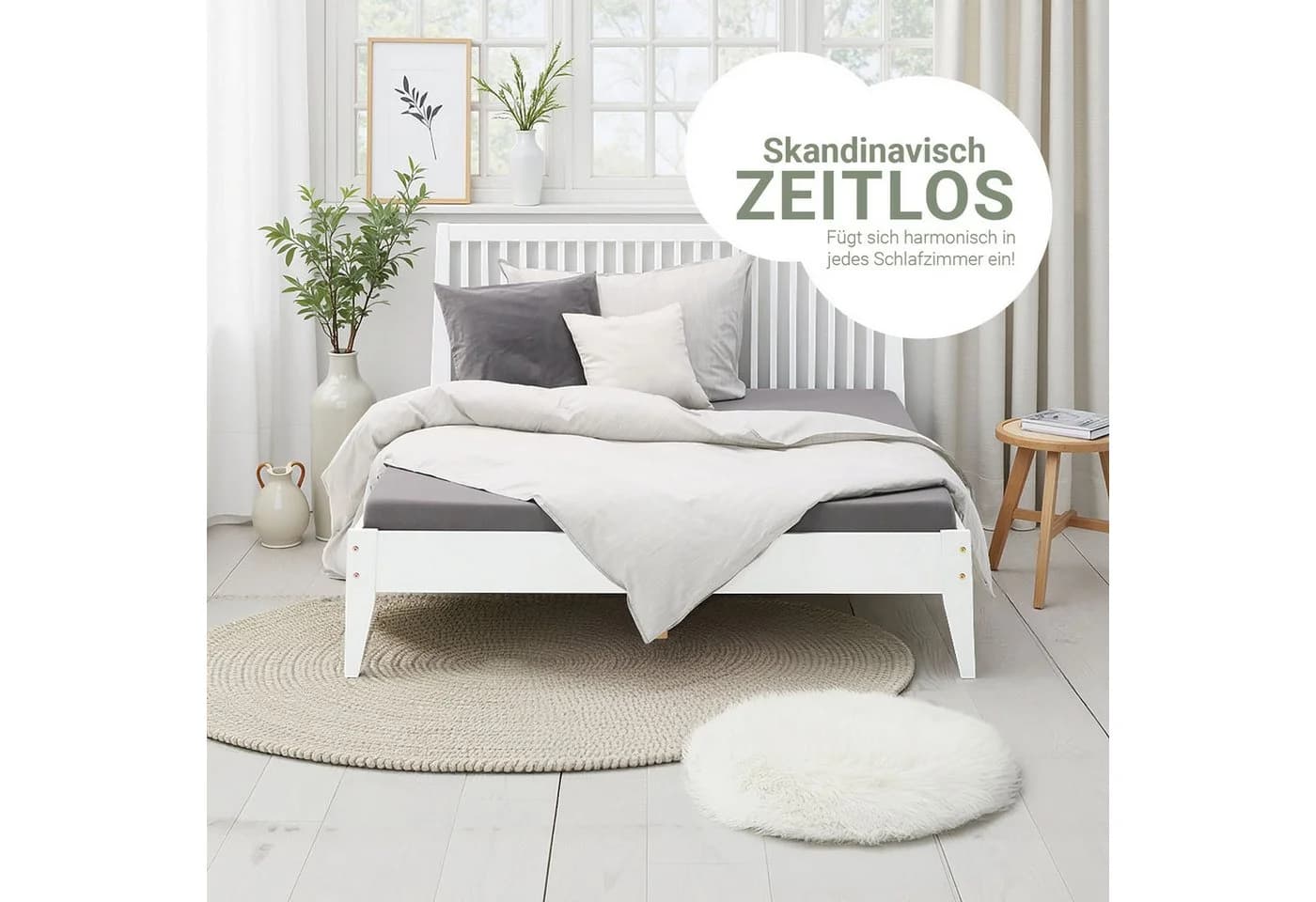 Homestyle4u Holzbett 140x200 Weiß mit Kopfteil und Lattenrost