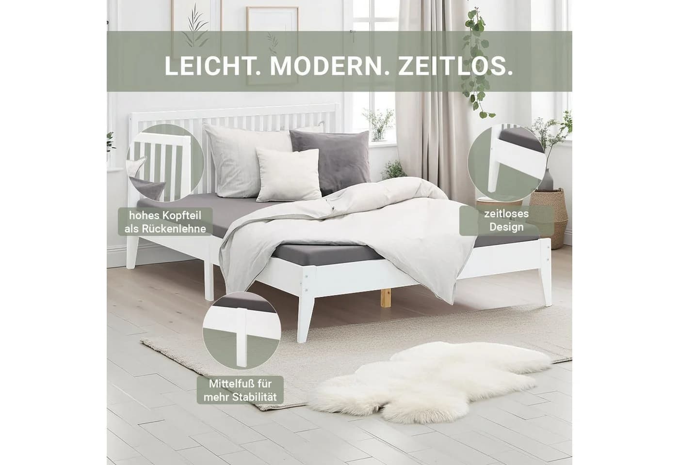 Homestyle4u Holzbett 140x200 Weiß mit Kopfteil und Lattenrost - Bild 3