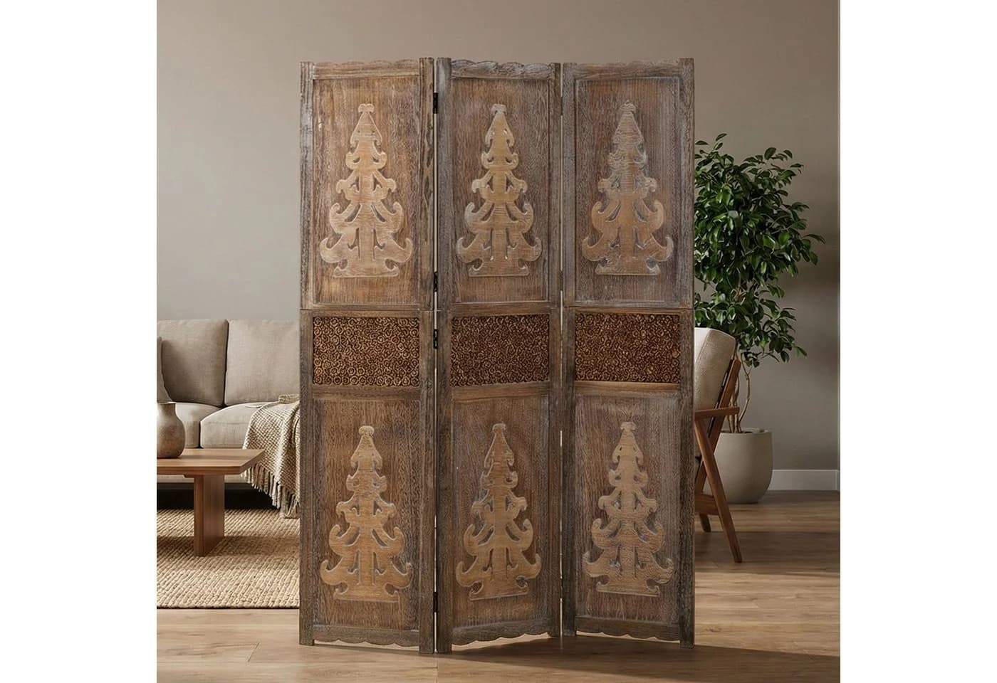 Homestyle4u Paravent Raumteiler Holz Braun Baum-Motiv - Bild 2