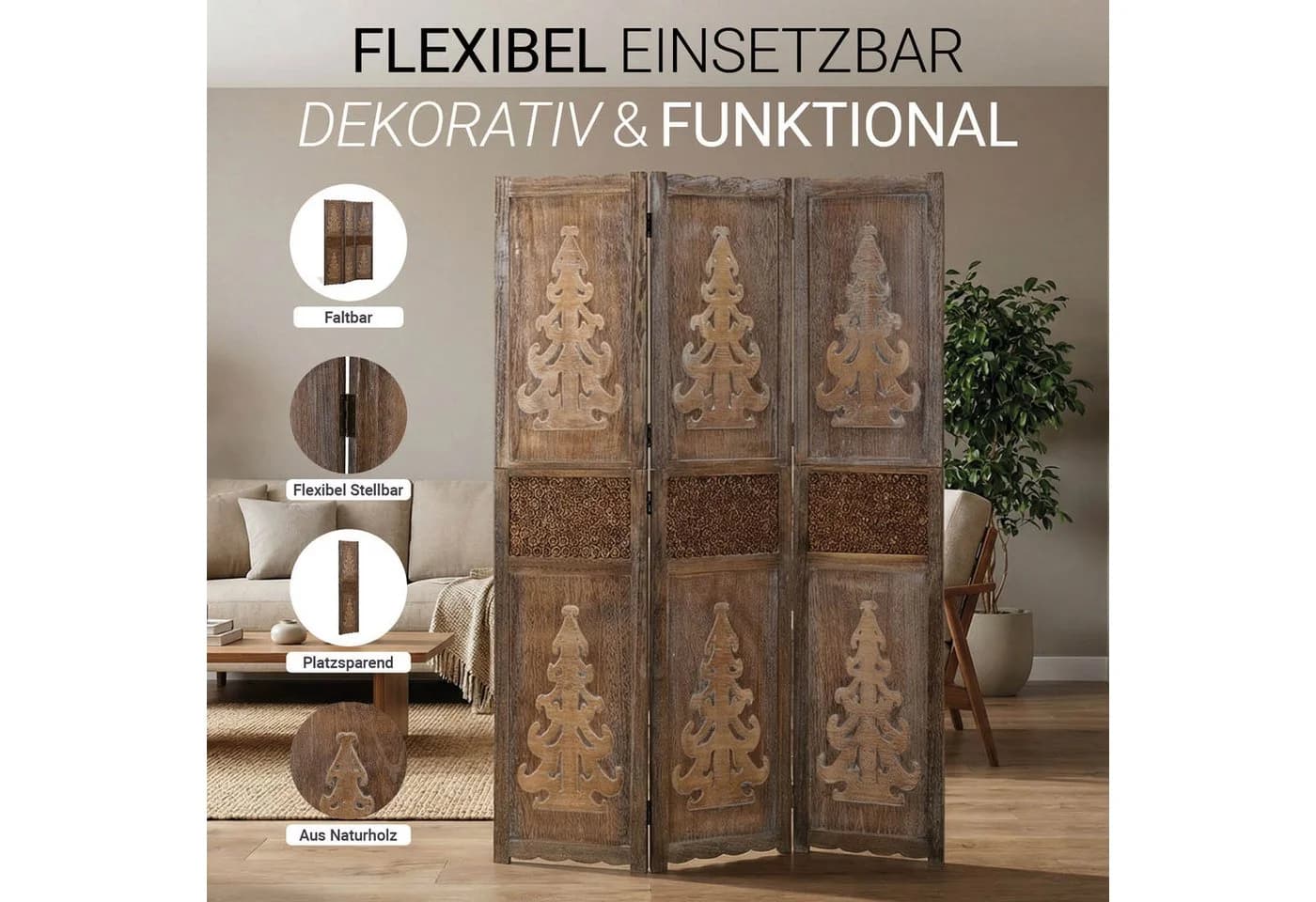 Homestyle4u Paravent Raumteiler Holz Braun Baum-Motiv - Bild 5